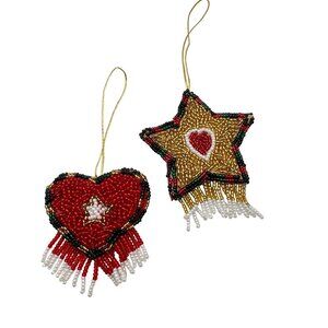 Handmade Beaded Heart Star Christmas Tree Ornaments Fringe Red Gold  2.5 Vtg